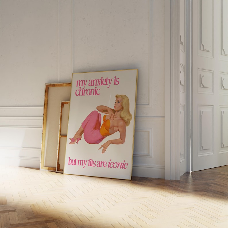 Mulher retro engraçado citação ansiedade social cartaz na moda dona de casa do vintage arte da parede impressão estética decoração do apartamento 60s 70s download digital imagem 3
