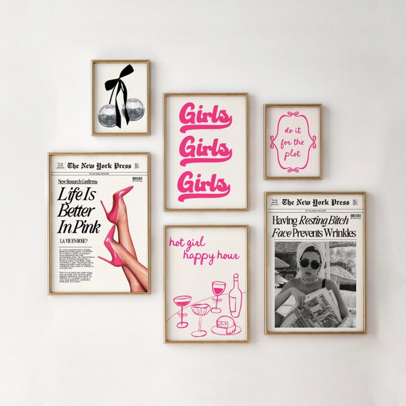 Hot Pink and Black Wall Gallery Set of 6 Trendy Digital Download Prints News Headline Print College Dorm Set Girly Room Decor Bedroom Art