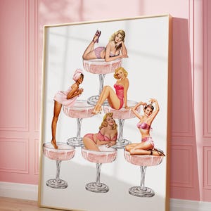 Art mural cocktail rétro rose vintage bar à champagne chariot impressions téléchargement numérique instantané affiche imprimable rose blush mignon esthétique vintage