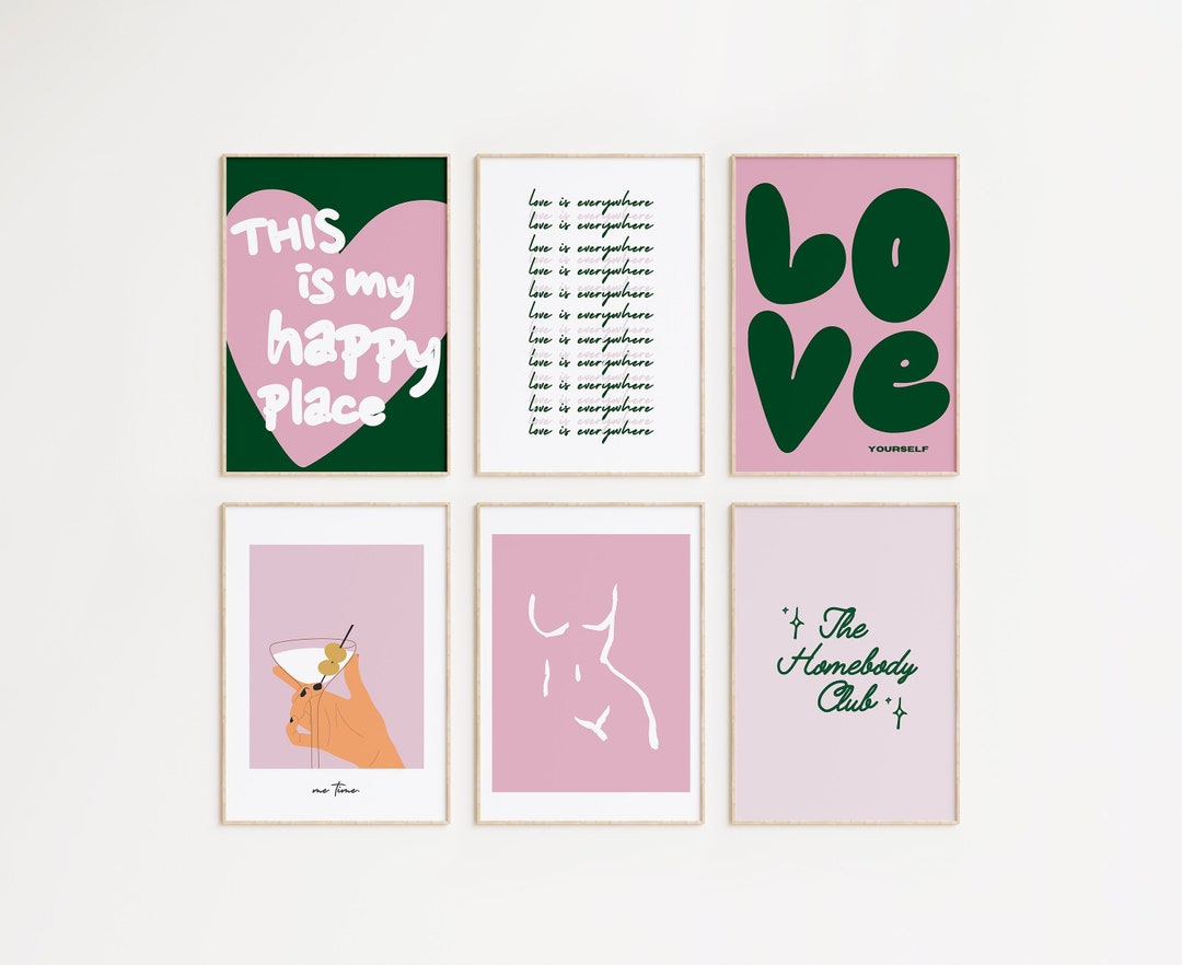 Set of 6 Pink and Green Wall Print Gallery Digital Download Printable ...