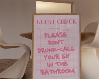 Guest check art print funny quote college dorm apartment pink aesthetic poster instant digital download wall gallery girly posters trendy