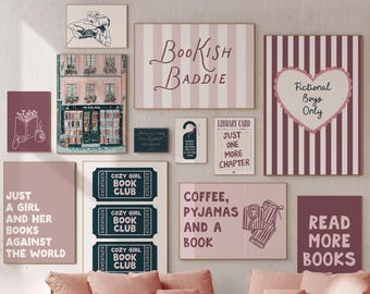 Set of 15 Cozy Gallery Wall Bookish Prints, Burgundy and Green Book Lover Gift Wall Decor (Digital Download)