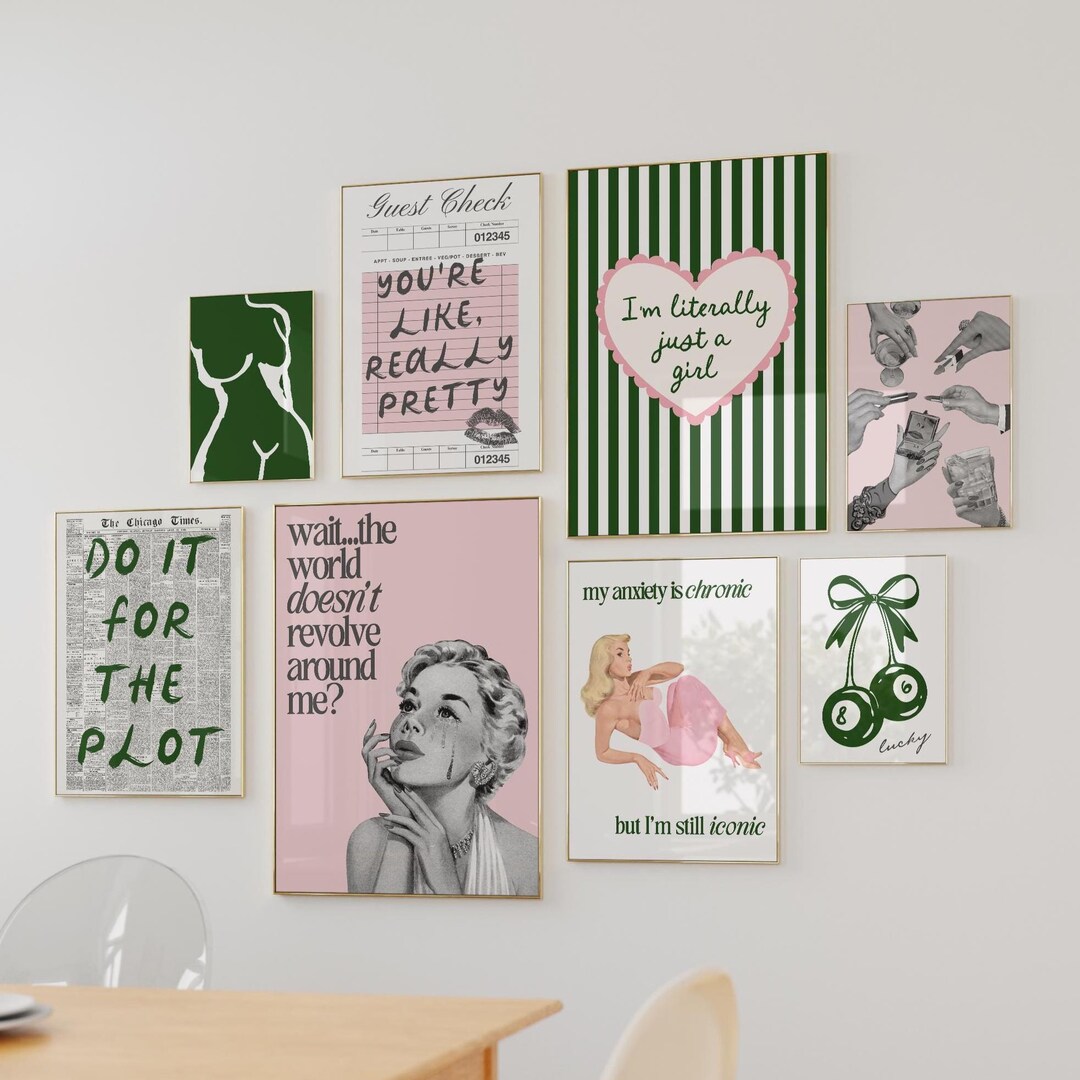 Pink and Green Gallery Wall Art Set: Retro Girly Prints (digital ...