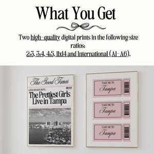Może przedstawiać: Dwa oprawione wydruki cyfrowe. Jeden przedstawia projekt w stylu gazety z tekstem "The Prettiest Girls Live in Tampa". Drugi wydruk przedstawia trzy r&oacute;żowe bilety z napisem "Take Me To Tampa".