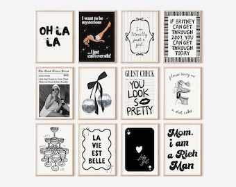 Black and White Gallery Wall Set Printable Digital Download 12 Prints Bedroom Girl Room Trendy Girly Cool Cute Retro Posters Coquette