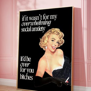 Retro Woman Funny Quote Social anxiety Poster Trendy Vintage Housewife Wall art Print aesthetic apartment decor 60s 70s digital download