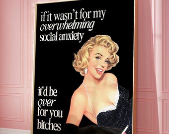 Retro Woman Funny Quote Social anxiety Poster Trendy Vintage Housewife Wall art Print aesthetic apartment decor 60s 70s digital download