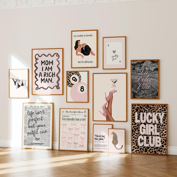 Cheetah Wall Art Set of 12 Pastel Pink Leopard Print Cute Girly Posters for College Dorm Girl Apartment Retro Decor Vintage Digital Download