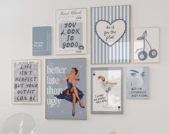 Blue Retro Gallery Wall Art Set: Trendy Girly Prints (Digital Download)