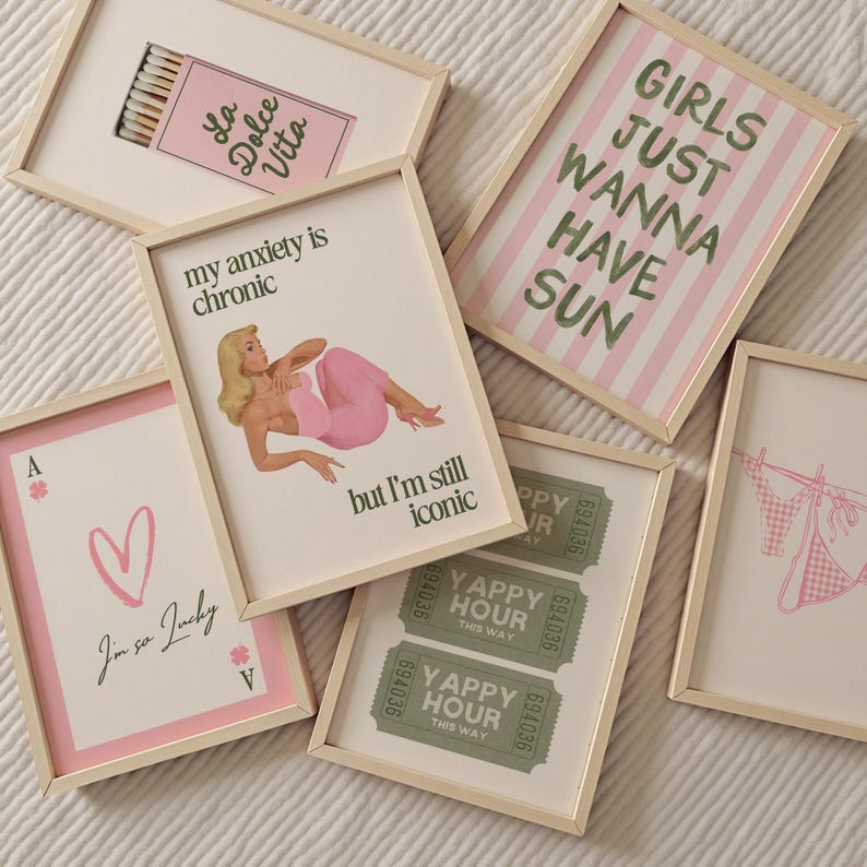 Pink and Sage Green Wall Art Gallery Set of 12 Prints Cute Girly ...