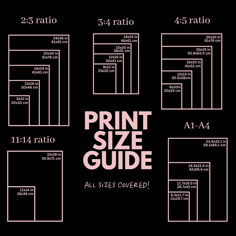 May include: A black and white chart with pink text showing different print sizes in inches and centimeters. The chart is titled "Print Size Guide" and says "All Sizes Covered!" at the bottom. The chart shows different aspect ratios, including 2:3, 3:4, 4:5, and 11:14.