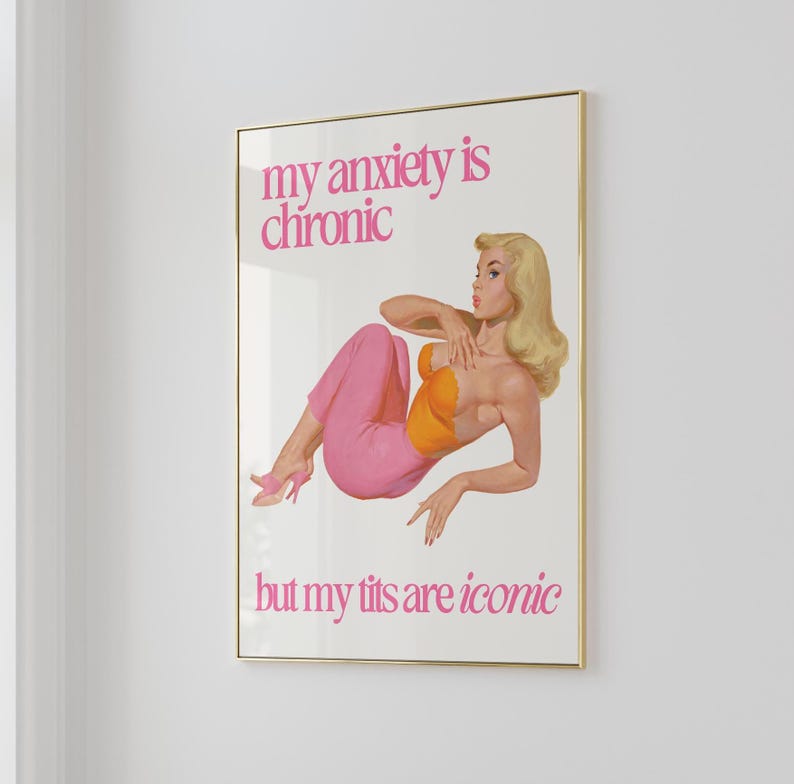 Mulher retro engraçado citação ansiedade social cartaz na moda dona de casa do vintage arte da parede impressão estética decoração do apartamento 60s 70s download digital imagem 4