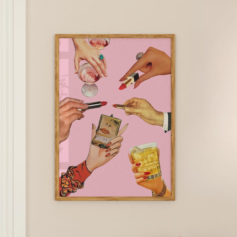 May include: A pink background with five hands reaching towards the center. Each hand is holding a different item, including a glass of wine, a lipstick, a compact mirror, and a glass of whiskey.