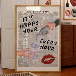 Trendy Happy Hour Poster, DIGITAL DOWNLOAD, Cocktail Wall Art, Retro Bar Cart Prints, Vintage Printable Poster, Newspaper Vintage Chic Print