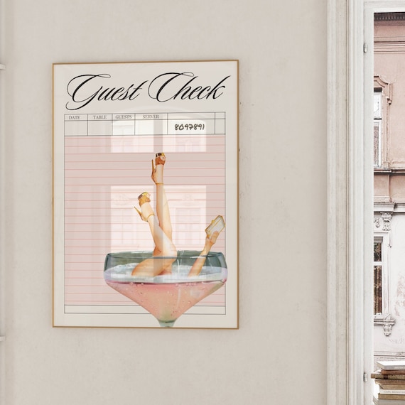 Guest Check Pink champagne wall art retro digital download trendy vintage prints girly bedroom apartment college dorm decor blush pink