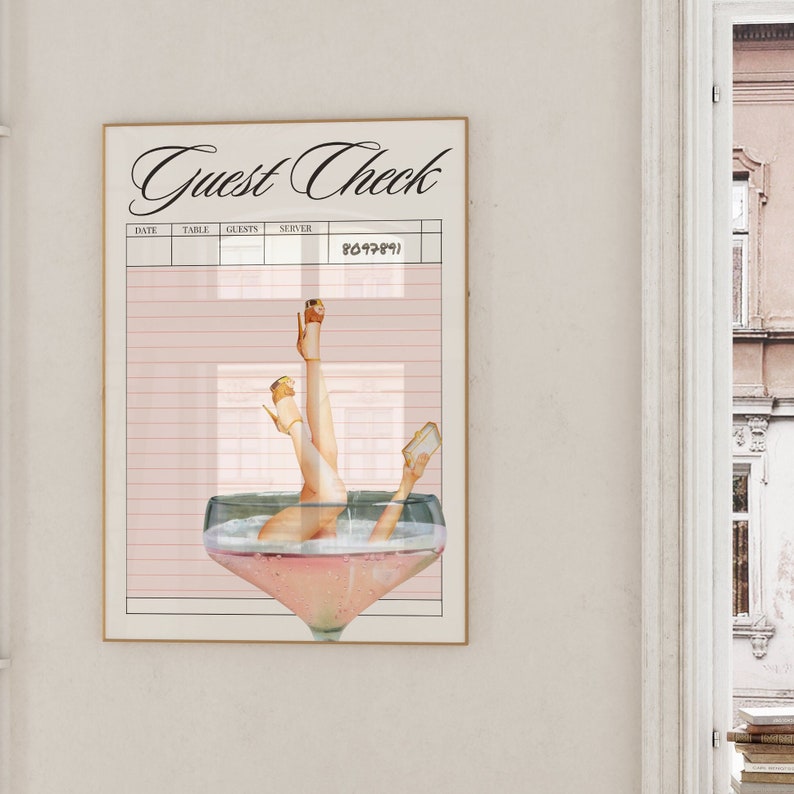May include: A printable guest check with a pink and white striped background. The check has columns for date, table, guests, server, and a space for a total. A woman's legs are shown in a champagne glass with a pink drink.
