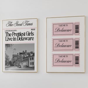 Ensemble d'art mural mignon Delaware, téléchargement numérique, affiches à en-tête de journal, duo d'impressions de dortoirs universitaires, décoration d'appartement girly à la mode, chambre à coucher