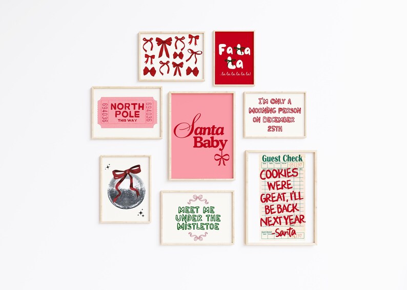 May include: A set of eight framed Christmas-themed prints with red and green text and illustrations. The prints include phrases like "Santa Baby", "Meet Me Under The Mistletoe", and "I'm Only A Morning Person On December 25th".
