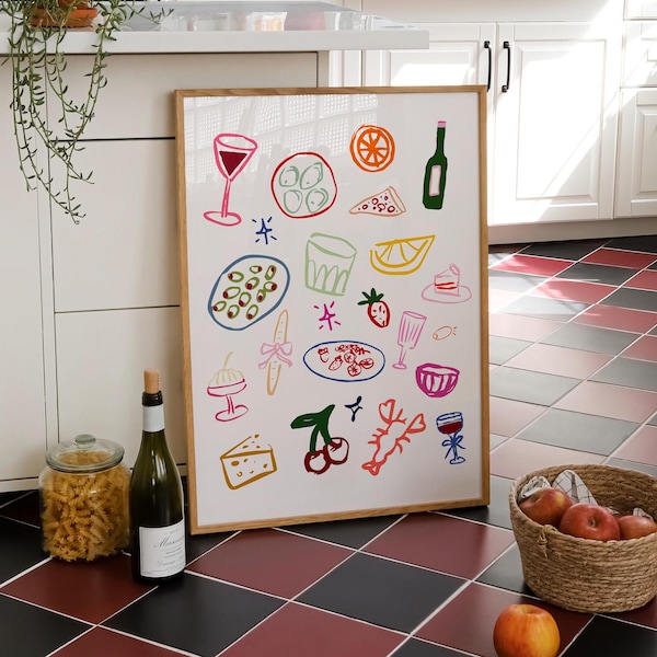 Impresión de cocina con garabatos para la cena de una niña, arte de pared moderno para el comedor, impresión de pasta, carteles maximalistas modernos, descarga digital imprimible