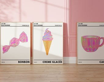 Set of 3 Y2K aesthetic holographic wall prints instant digital download pastel pink aesthetics room decor art for college dorm bedroom
