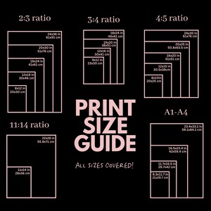 Puede incluir: Un gr&aacute;fico en blanco y negro con texto rosa que muestra diferentes tama&ntilde;os de impresi&oacute;n en pulgadas y cent&iacute;metros. El gr&aacute;fico tiene el t&iacute;tulo "Gu&iacute;a de tama&ntilde;os de impresi&oacute;n" y dice "&iexcl;Todos los tama&ntilde;os cubiertos!" en la parte inferior. El gr&aacute;fico muestra diferentes proporciones, incluyendo 2:3, 3:4, 4:5 y 11:14.