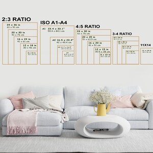 May include: A white wall with a white couch and a white oval coffee table. The wall has a chart with different aspect ratios and their corresponding measurements in inches and centimeters. The chart is labeled with the following titles: 2:3 Ratio, ISO A1-A4, 4:5 Ratio, 3:4 Ratio, and 11x14.