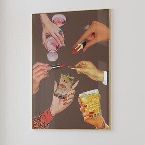 May include: A framed art print featuring a collage of hands holding cocktails, lipsticks, and a compact mirror. The color palette includes shades of red, gold, and brown. The image has a vintage aesthetic.