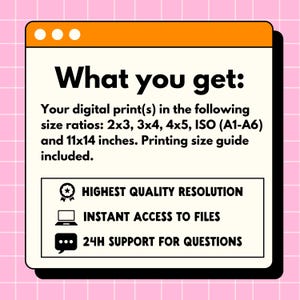 K&ouml;nnte beinhalten: Werbung f&uuml;r einen Digitaldruck mit Retro-Design. Der Text "What you get:" wird oben angezeigt, gefolgt von Details zu den Druckformaten, einschlie&szlig;lich 28x36 cm. Zus&auml;tzlicher Text hebt hohe Aufl&ouml;sung, sofortigen Dateizugriff und 24-Stunden-Support hervor.