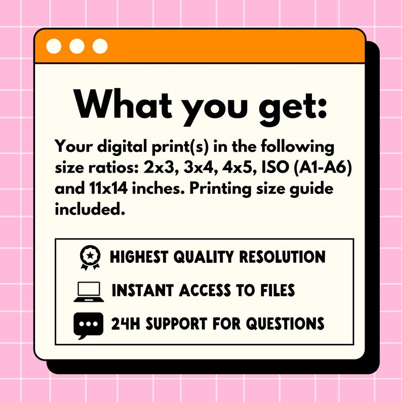 K&ouml;nnte beinhalten: Werbung f&uuml;r einen Digitaldruck mit Retro-Design. Der Text "What you get:" wird oben angezeigt, gefolgt von Details zu den Druckformaten, einschlie&szlig;lich 28x36 cm. Zus&auml;tzlicher Text hebt hohe Aufl&ouml;sung, sofortigen Dateizugriff und 24-Stunden-Support hervor.