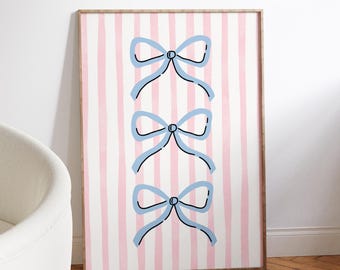 Coquette Bow Print: Pink Stripes, Blue Ribbons (Digital Download)
