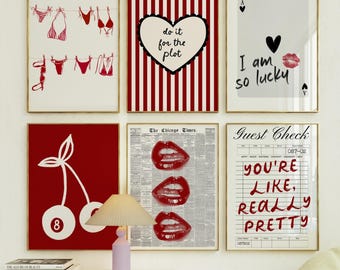 Retro Red Dorm Art Prints: Trendy Girl Room Decor (Set of 6 Digital Downloads)