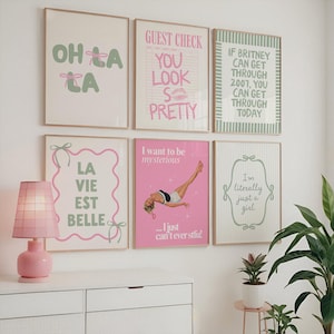 Pastel Pink and Sage Green Wall Gallery for Bedroom Trendy Retro Coquette Set of 6 Prints Digital Download Girls Room Decor College Dorm Art