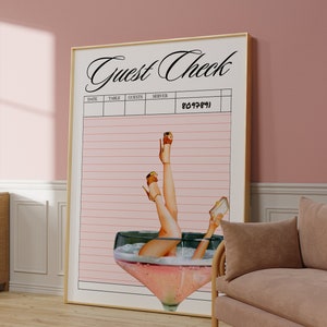 May include: A printable guest check with a pink background and a graphic of a woman's legs in a champagne glass. The text "Guest Check" is at the top of the page. The check has columns for date, table, guests, and server.