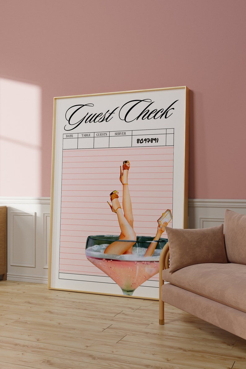 May include: A printable guest check with a pink background and a graphic of a woman's legs in a champagne glass. The text "Guest Check" is at the top of the page. The check has columns for date, table, guests, and server.