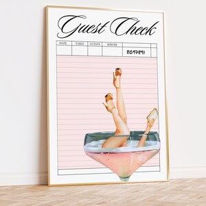 May include: A printable guest check with a pink and white striped background. The check has columns for date, table, guests, and server. A woman's legs are shown in a champagne glass with a pink drink.
