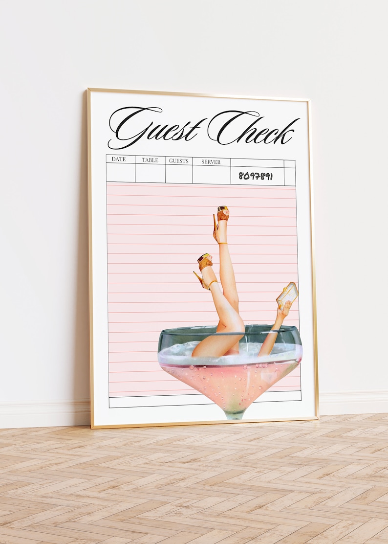 May include: A printable guest check with a pink and white striped background. The check has columns for date, table, guests, and server. A woman's legs are shown in a champagne glass with a pink drink.