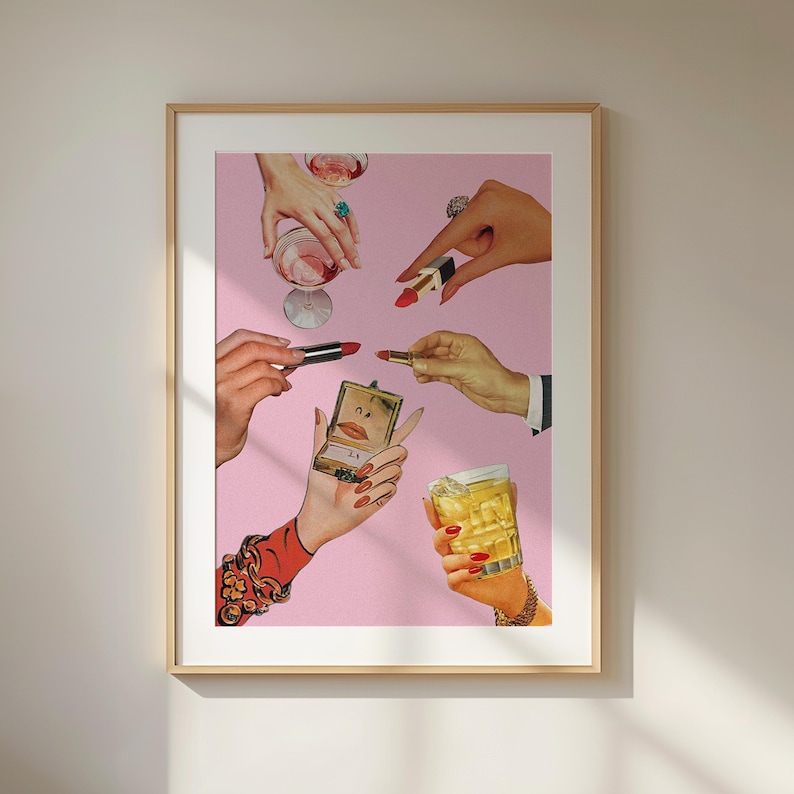 May include: A pink background with multiple hands applying lipstick and holding a glass of alcohol. The hands are wearing rings and bracelets.