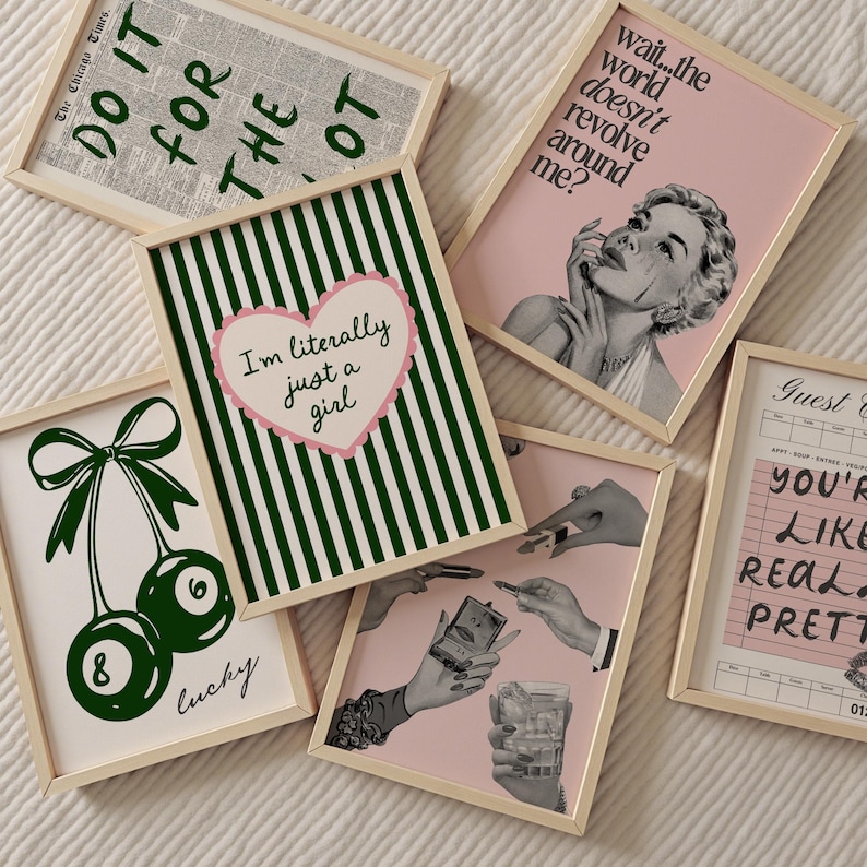 Pink and Green Gallery Wall Art Set: Retro Girly Prints (digital ...