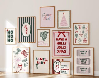Set of 12 Boho Christmas Printables, Colorful Holiday Decor Wall Art, Cozy Winter Gallery (Digital Download)
