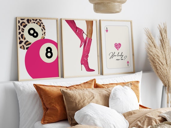 Set of 3 Pink Vintage Prints Leopard Cheetah Print 8 Ball