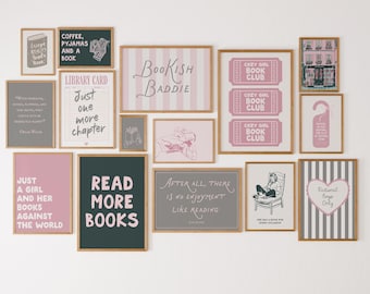 Set of 15 Gallery Wall Bookish Prints, Book Lover Gift Wall Decor (Digital Download)