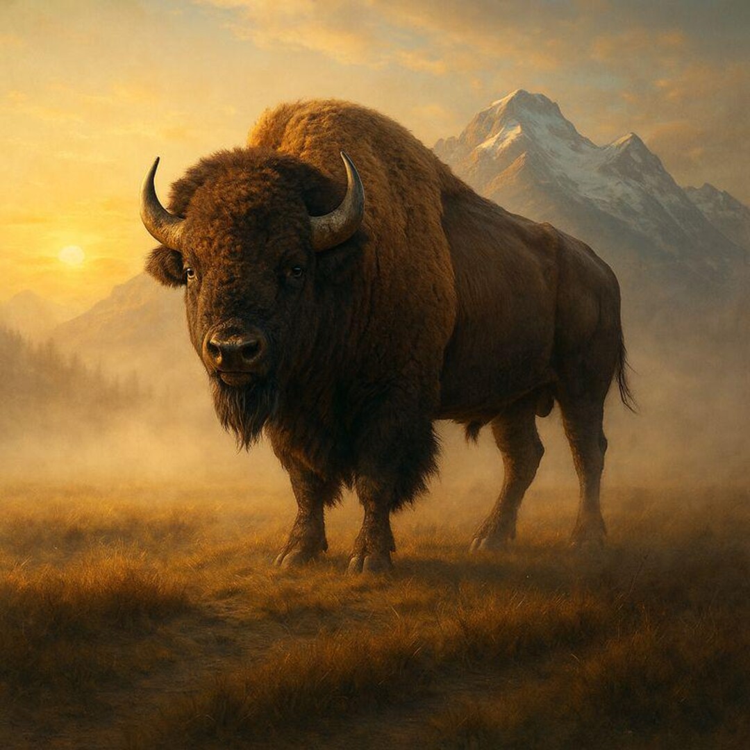 Majestic Bison in Misty Mountain Sunrise | Western Wildlife Wall Art ...