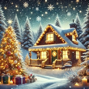 居心地の良いクリスマスコテージアートプリント | お祝いの冬のワンダーランドのシーン | 自宅のホリデーデコレーション