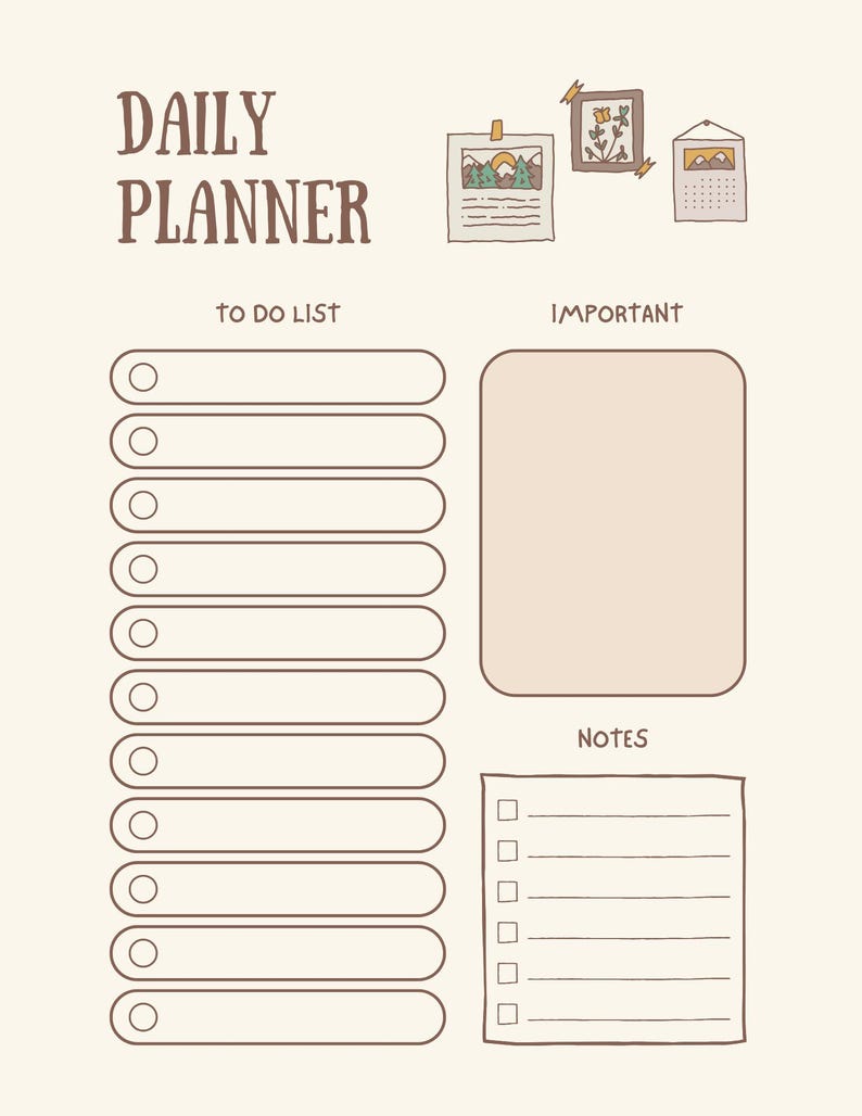 K&ouml;nnte beinhalten: Ein beigefarbener Tagesplaner mit den Worten "DAILY PLANNER" in braunen Buchstaben. Der Planer enth&auml;lt Abschnitte f&uuml;r eine To-Do-Liste, wichtige Notizen und andere Notizen. Dekorative Bilder einer Landschaft, einer Blume und eines Kalenders sind enthalten.