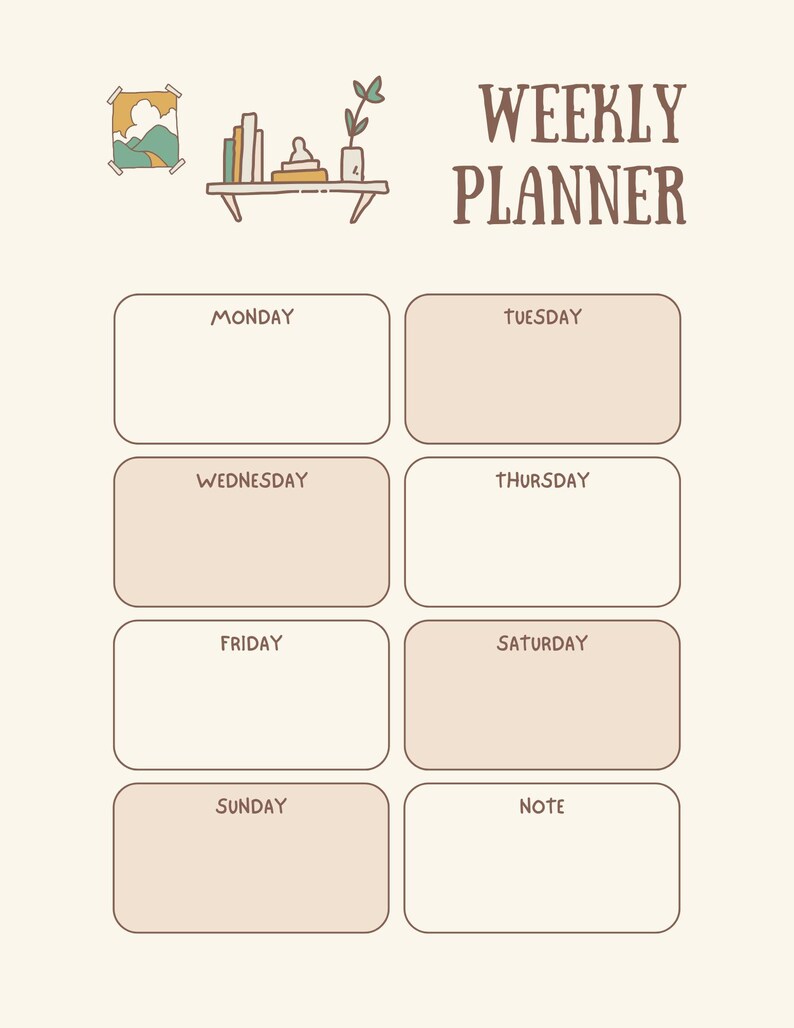 K&ouml;nnte beinhalten: Ein beigefarbener Wochenplaner mit minimalistischem Design. Der Planer enth&auml;lt K&auml;stchen f&uuml;r jeden Wochentag sowie einen Notizbereich. Die Worte "WEEKLY PLANNER" sind in einer braunen, dekorativen Schriftart gehalten. Oben befindet sich eine kleine Illustration eines Regals mit B&uuml;chern und einer Pflanze.