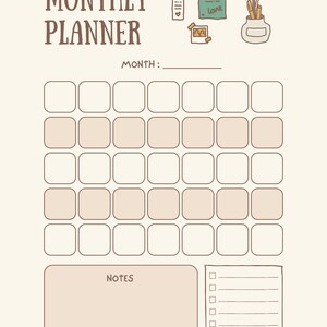 K&ouml;nnte beinhalten: Ein beigefarbener Monatsplaner mit den Worten "MONTHLY PLANNER" in Braun. Der Planer hat ein Kalenderraster, einen Notizbereich und eine Checkliste. Dekorative Elemente sind ein Notizblock, ein Foto und eine Vase mit Stiften.