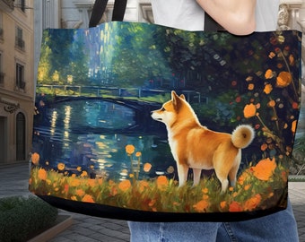 Shiba Inu- Canvas Tote Bag - Van Gogh Art Inspired Bag, Weekend Bag, Work Bag, Vacation, Gift for Her