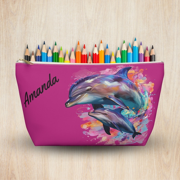 Pochette d'accessoires dauphin personnalisée avec fond en T - Pochette à crayons et rentrée scolaire, organisateur, trousse de toilette, pochette à fermeture éclair, sac de voyage, pochette cadeau