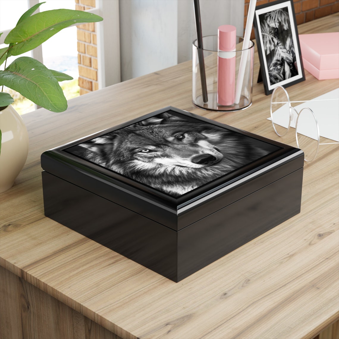 Wolf Jewelry Box Black and White Art Gift for Him Etsy