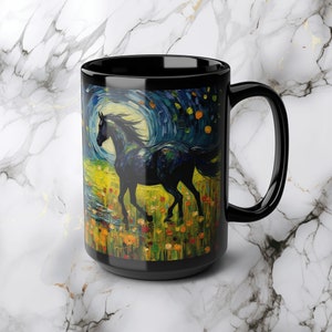 Black Stallion - Black Mug, 15oz - Coffee -  Van Gogh Inspired Coffee Mug Garden Horse Lover Coffee Cup Artwork Home Goods Kitchen Decor